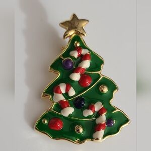 Vintage Christmas tree brooch heavy enameled 3D candy canes vtg jewelry